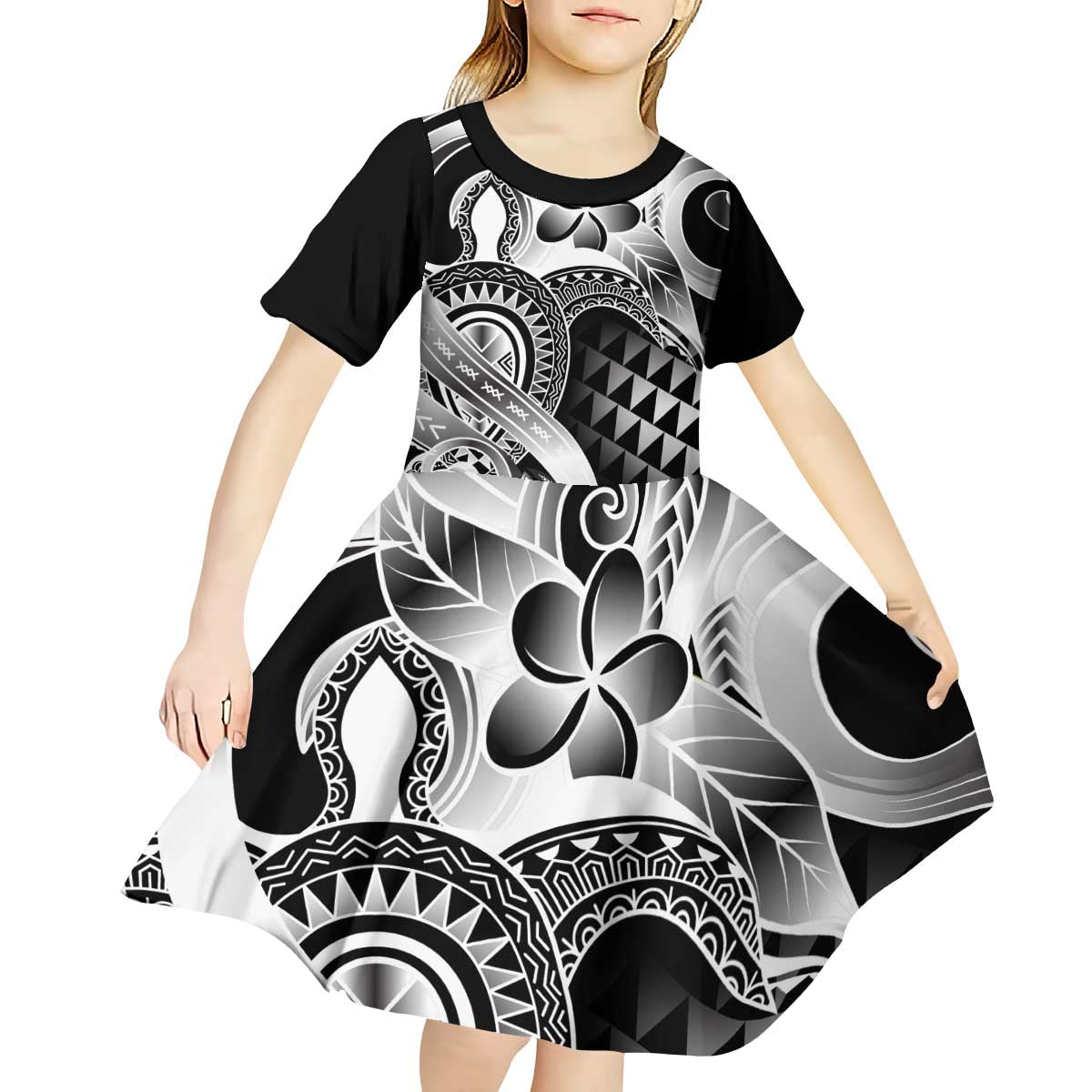 Aloha Black Tribal Honu Tattoo Kid Short Sleeve Dress LT9 - Polynesian Pride