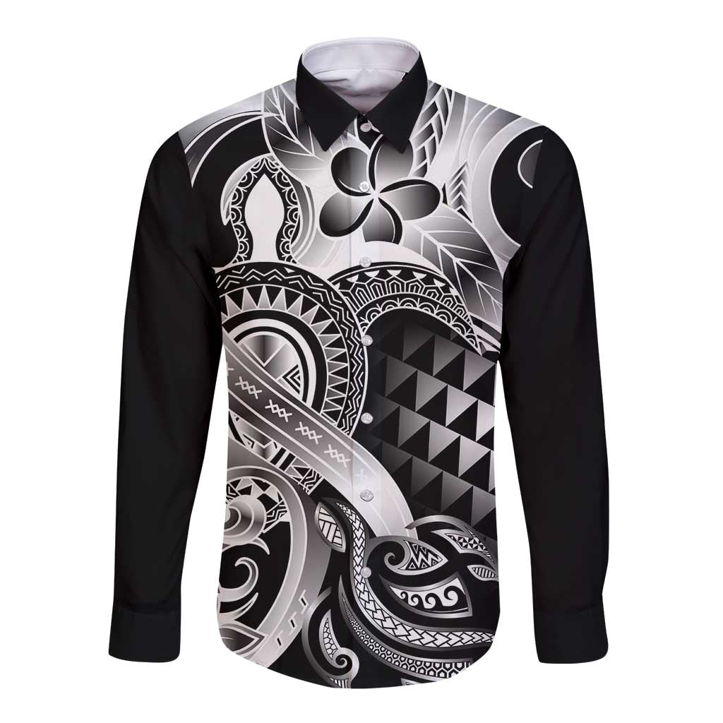 Aloha Black Tribal Honu Tattoo Long Sleeve Button Shirt LT9 Unisex Black - Polynesian Pride