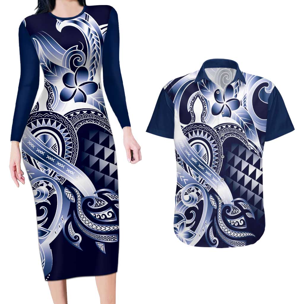 Aloha Blue Tribal Honu Tattoo Couples Matching Long Sleeve Bodycon Dress and Hawaiian Shirt