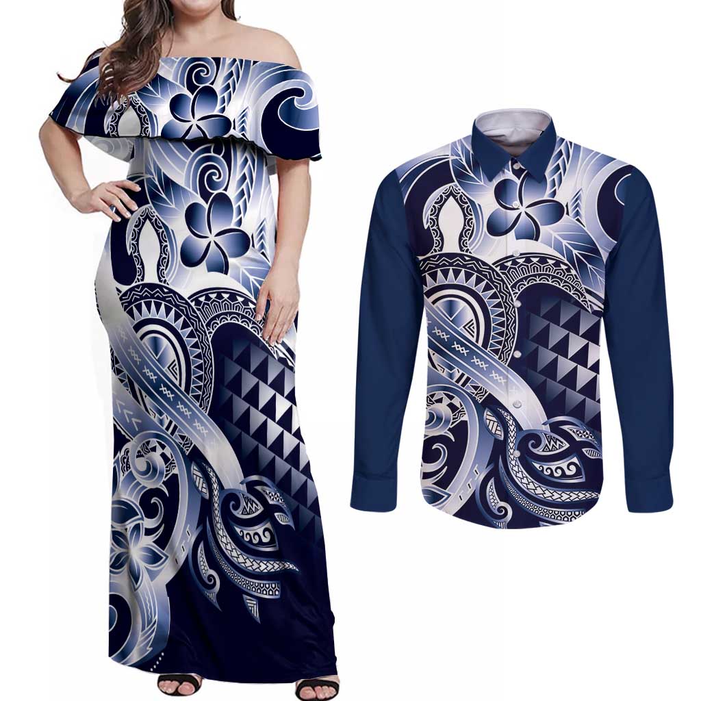 Aloha Blue Tribal Honu Tattoo Couples Matching Off Shoulder Maxi Dress and Long Sleeve Button Shirt