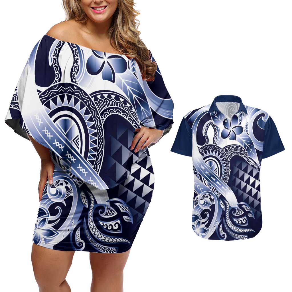 Aloha Blue Tribal Honu Tattoo Couples Matching Off Shoulder Short Dress and Hawaiian Shirt