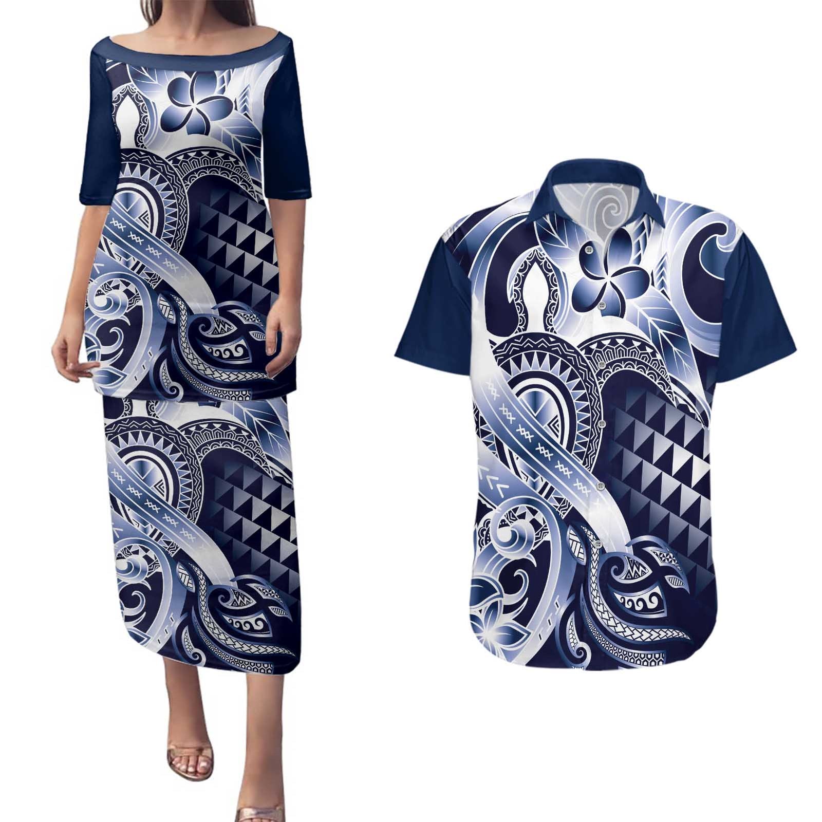 Aloha Blue Tribal Honu Tattoo Couples Matching Puletasi and Hawaiian Shirt
