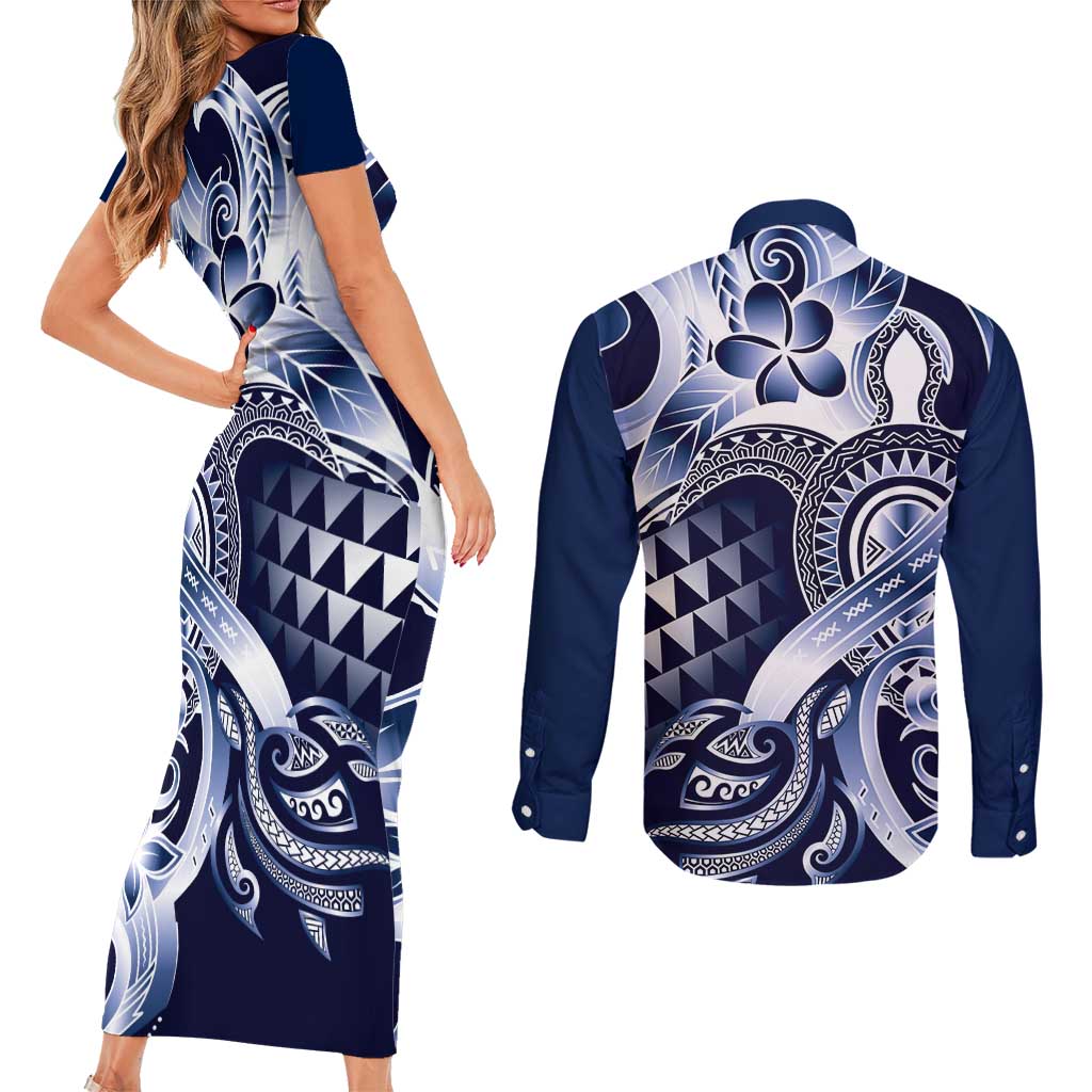 Aloha Blue Tribal Honu Tattoo Couples Matching Short Sleeve Bodycon Dress and Long Sleeve Button Shirt