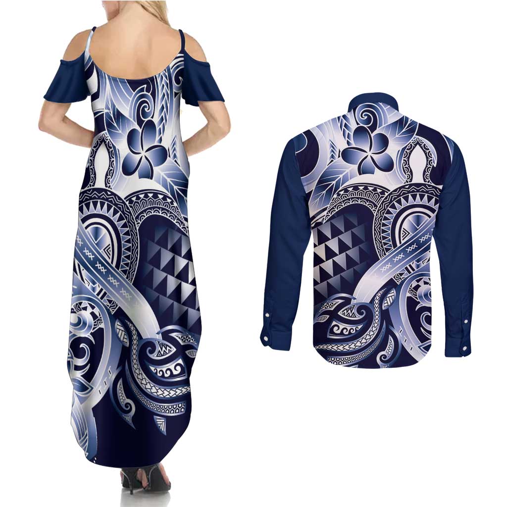 Aloha Blue Tribal Honu Tattoo Couples Matching Summer Maxi Dress and Long Sleeve Button Shirt