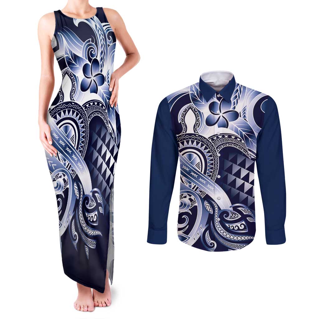 Aloha Blue Tribal Honu Tattoo Couples Matching Tank Maxi Dress and Long Sleeve Button Shirt