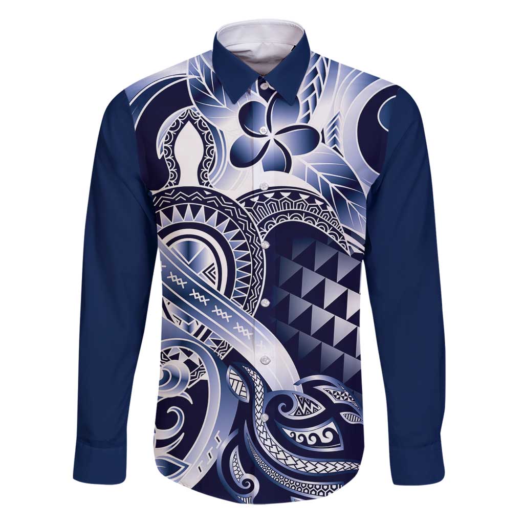 Aloha Blue Tribal Honu Tattoo Family Matching Puletasi and Hawaiian Shirt LT9 Dad's Shirt - Long Sleeve Blue - Polynesian Pride