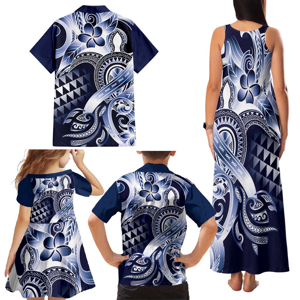 Aloha Blue Tribal Honu Tattoo Family Matching Tank Maxi Dress and Hawaiian Shirt