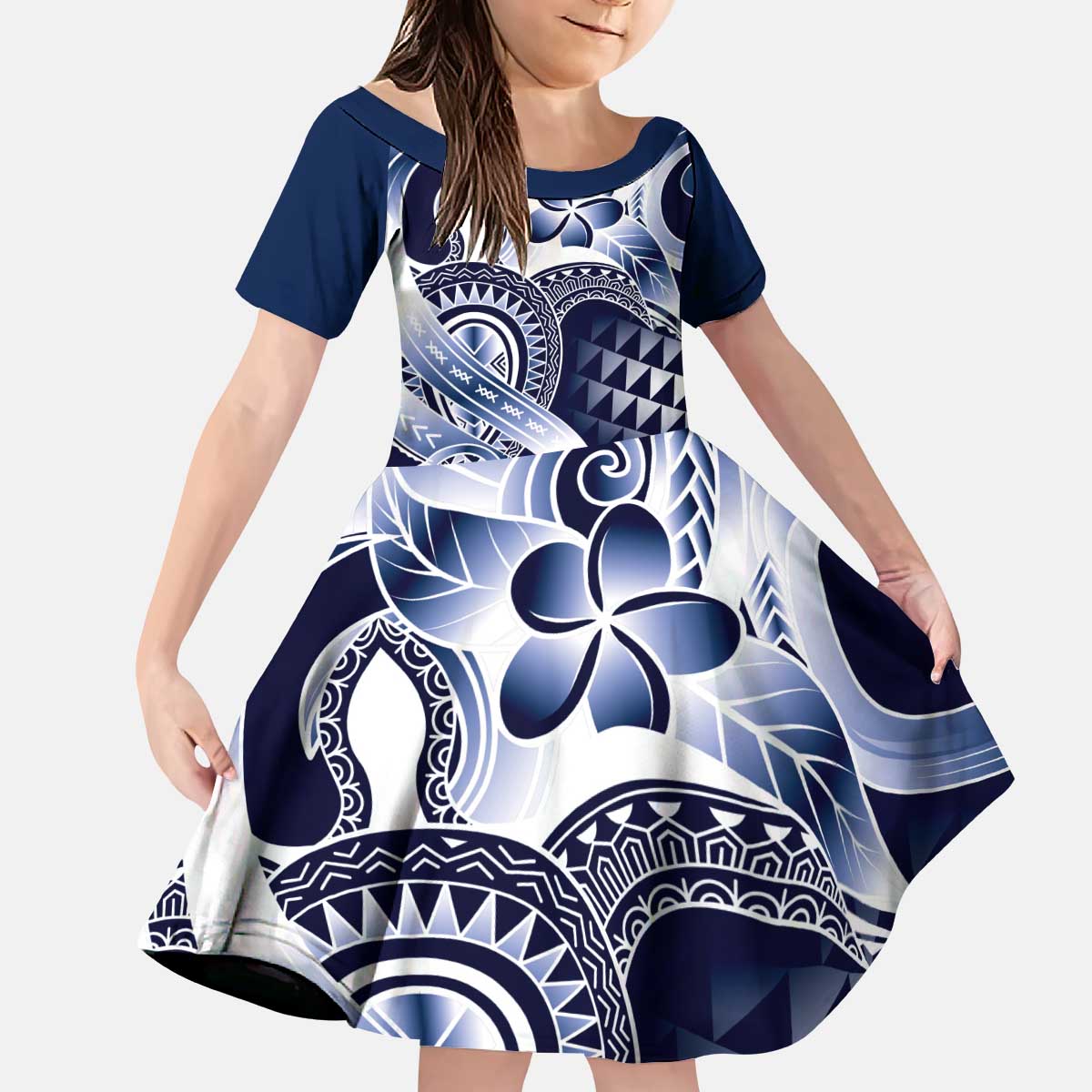 Aloha Blue Tribal Honu Tattoo Kid Short Sleeve Dress LT9 KID Blue - Polynesian Pride
