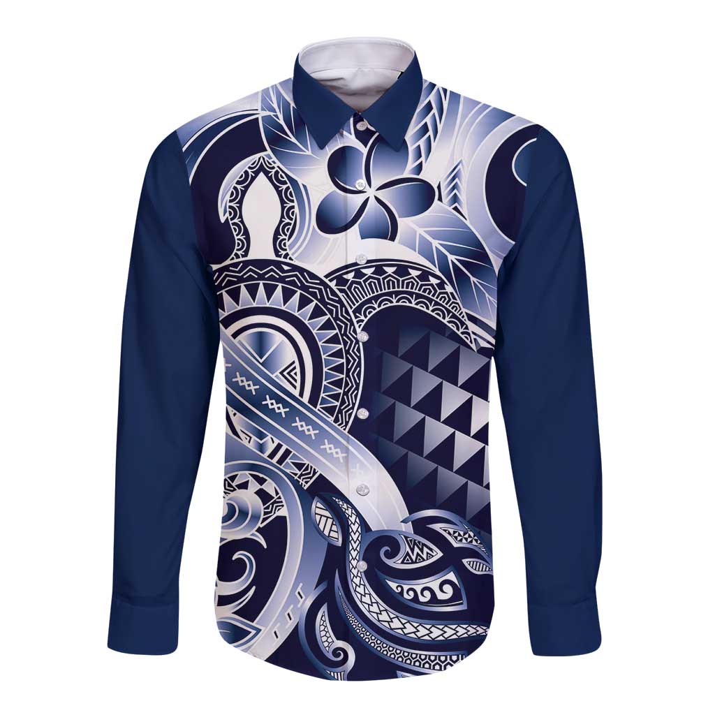 Aloha Blue Tribal Honu Tattoo Long Sleeve Button Shirt