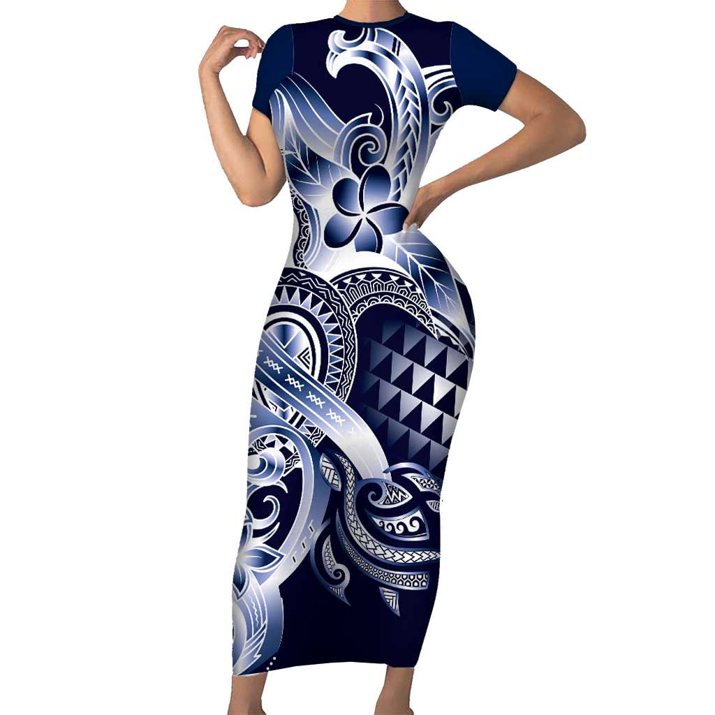 Aloha Blue Tribal Honu Tattoo Short Sleeve Bodycon Dress