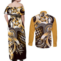 Aloha Gold Tribal Honu Tattoo Couples Matching Off Shoulder Maxi Dress and Long Sleeve Button Shirt