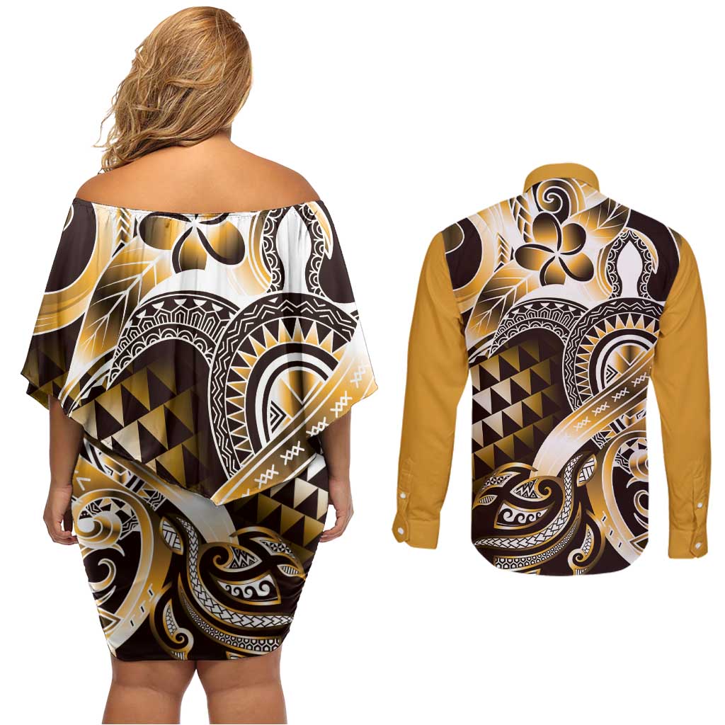 Aloha Gold Tribal Honu Tattoo Couples Matching Off Shoulder Short Dress and Long Sleeve Button Shirt
