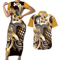 Aloha Gold Tribal Honu Tattoo Couples Matching Short Sleeve Bodycon Dress and Hawaiian Shirt