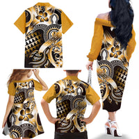 Aloha Gold Tribal Honu Tattoo Family Matching Off The Shoulder Long Sleeve Dress and Hawaiian Shirt