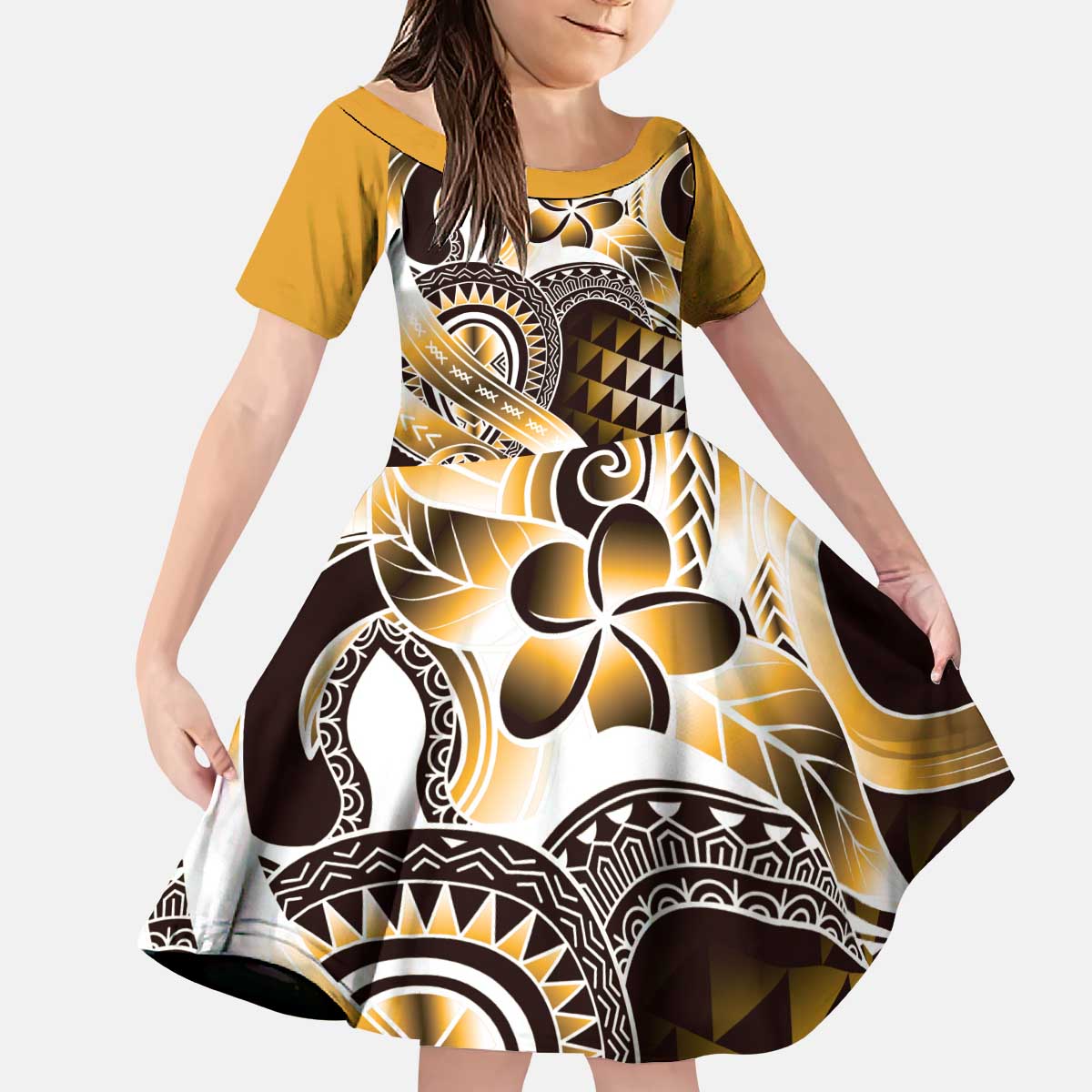 Aloha Gold Tribal Honu Tattoo Kid Short Sleeve Dress LT9 KID Gold - Polynesian Pride