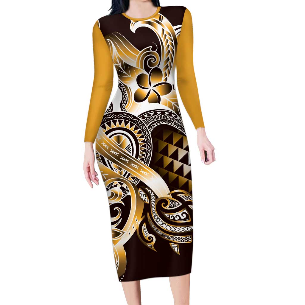 Aloha Gold Tribal Honu Tattoo Long Sleeve Bodycon Dress