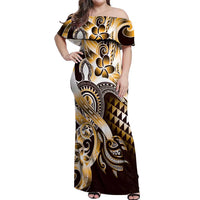 Aloha Gold Tribal Honu Tattoo Off Shoulder Maxi Dress LT9 Women Gold - Polynesian Pride