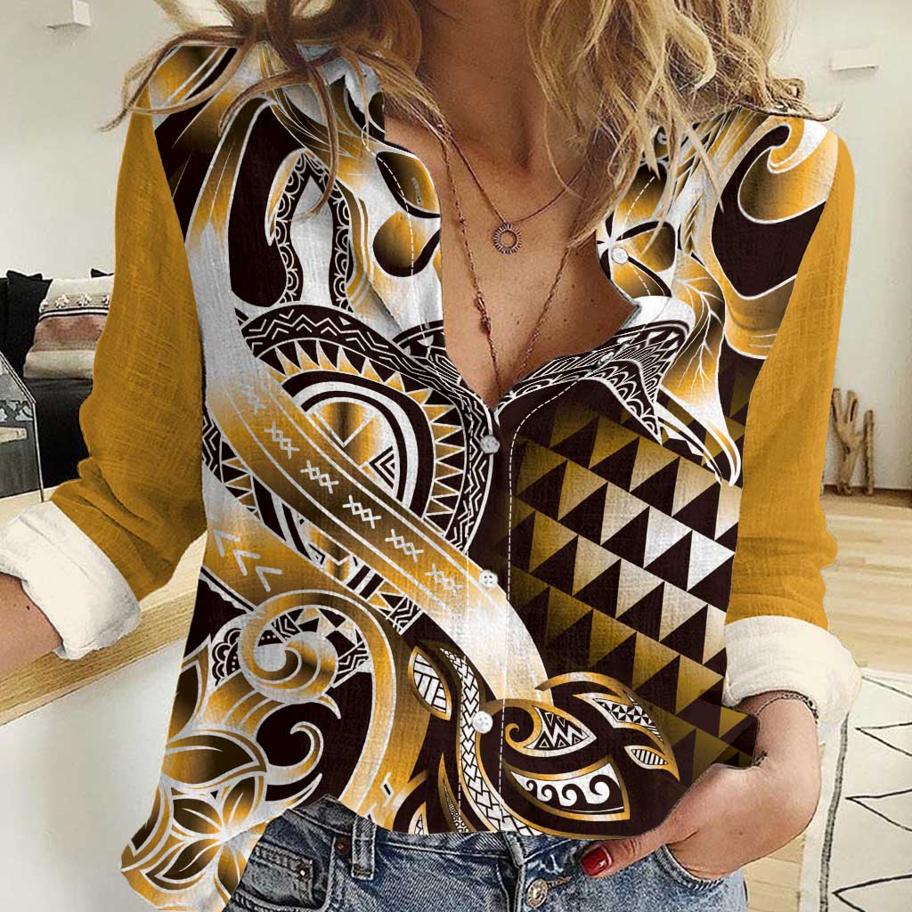 Aloha Gold Tribal Honu Tattoo Women Casual Shirt LT9 Female Gold - Polynesian Pride
