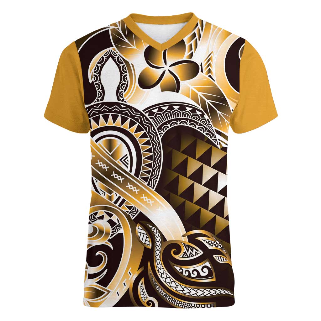 Aloha Gold Tribal Honu Tattoo Women V-Neck T-Shirt LT9 Female Gold - Polynesian Pride