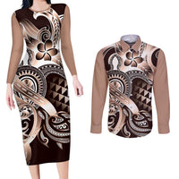 Aloha Mocha Mousse Tribal Honu Tattoo Couples Matching Long Sleeve Bodycon Dress and Long Sleeve Button Shirt