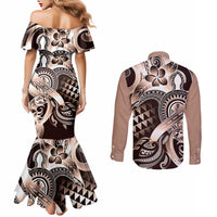 Aloha Mocha Mousse Tribal Honu Tattoo Couples Matching Mermaid Dress and Long Sleeve Button Shirt