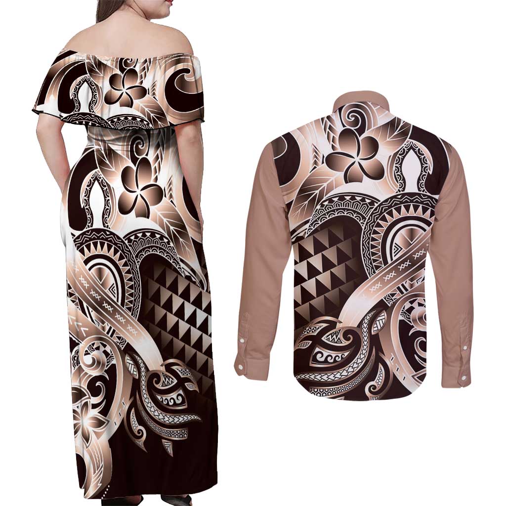 Aloha Mocha Mousse Tribal Honu Tattoo Couples Matching Off Shoulder Maxi Dress and Long Sleeve Button Shirt