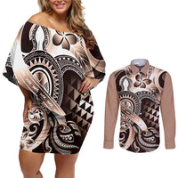 Aloha Mocha Mousse Tribal Honu Tattoo Couples Matching Off Shoulder Short Dress and Long Sleeve Button Shirt