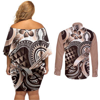 Aloha Mocha Mousse Tribal Honu Tattoo Couples Matching Off Shoulder Short Dress and Long Sleeve Button Shirt