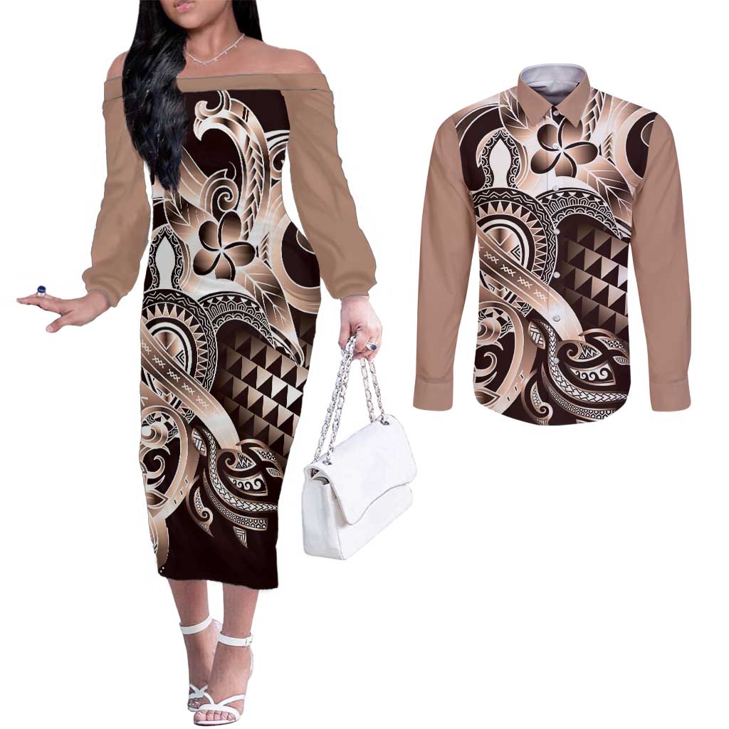 Aloha Mocha Mousse Tribal Honu Tattoo Couples Matching Off The Shoulder Long Sleeve Dress and Long Sleeve Button Shirt
