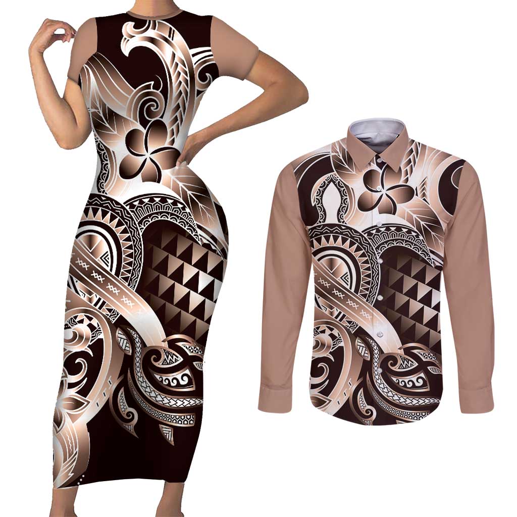 Aloha Mocha Mousse Tribal Honu Tattoo Couples Matching Short Sleeve Bodycon Dress and Long Sleeve Button Shirt