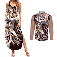 Aloha Mocha Mousse Tribal Honu Tattoo Couples Matching Summer Maxi Dress and Long Sleeve Button Shirt