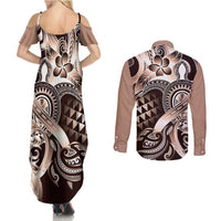 Aloha Mocha Mousse Tribal Honu Tattoo Couples Matching Summer Maxi Dress and Long Sleeve Button Shirt