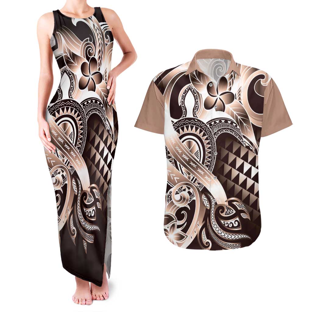 Aloha Mocha Mousse Tribal Honu Tattoo Couples Matching Tank Maxi Dress and Hawaiian Shirt