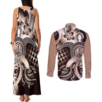 Aloha Mocha Mousse Tribal Honu Tattoo Couples Matching Tank Maxi Dress and Long Sleeve Button Shirt