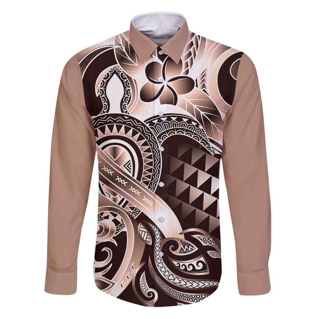 Aloha Mocha Mousse Tribal Honu Tattoo Family Matching Puletasi and Hawaiian Shirt LT9 Dad's Shirt - Long Sleeve Mocha Mousse - Polynesian Pride
