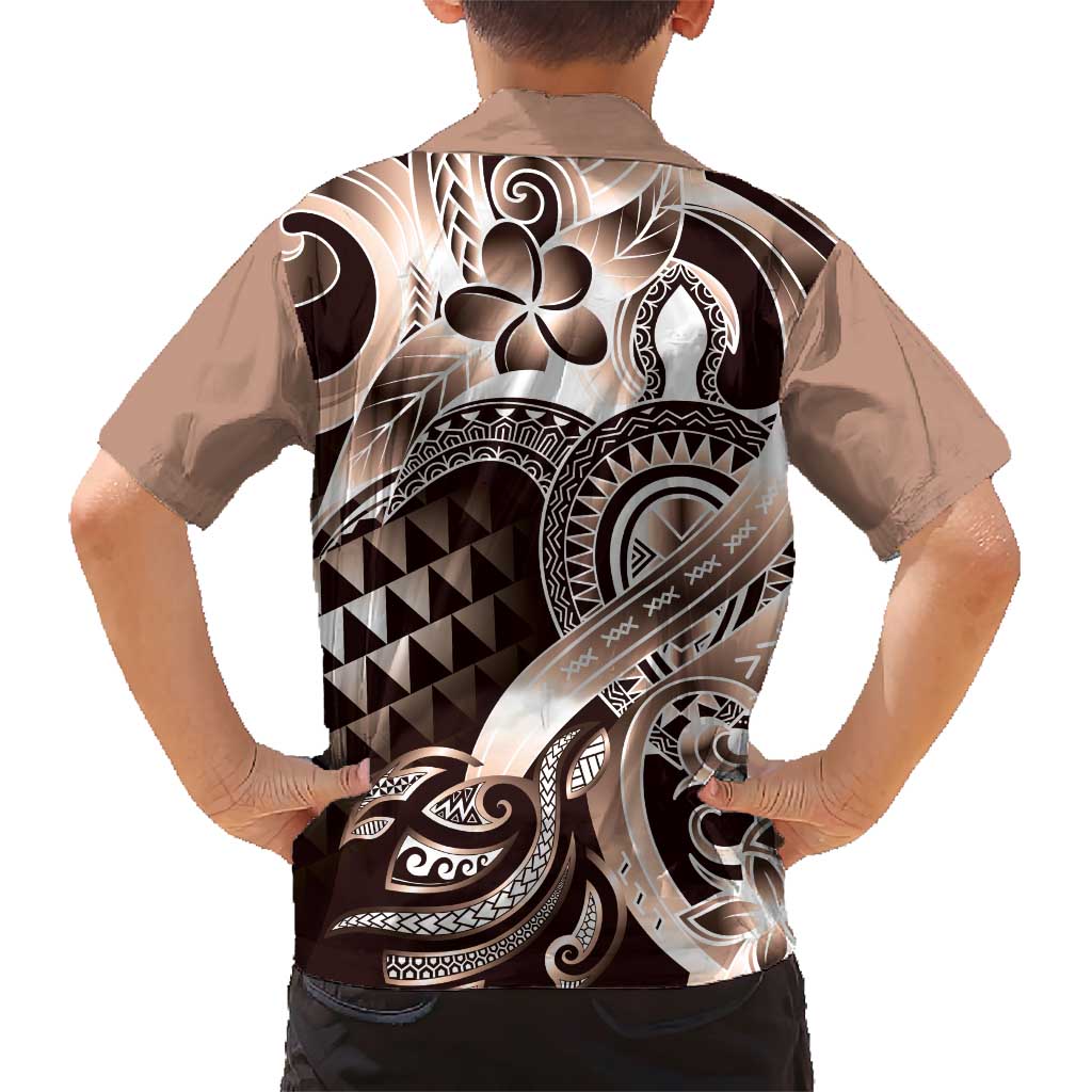 Aloha Mocha Mousse Tribal Honu Tattoo Family Matching Short Sleeve Bodycon Dress and Hawaiian Shirt