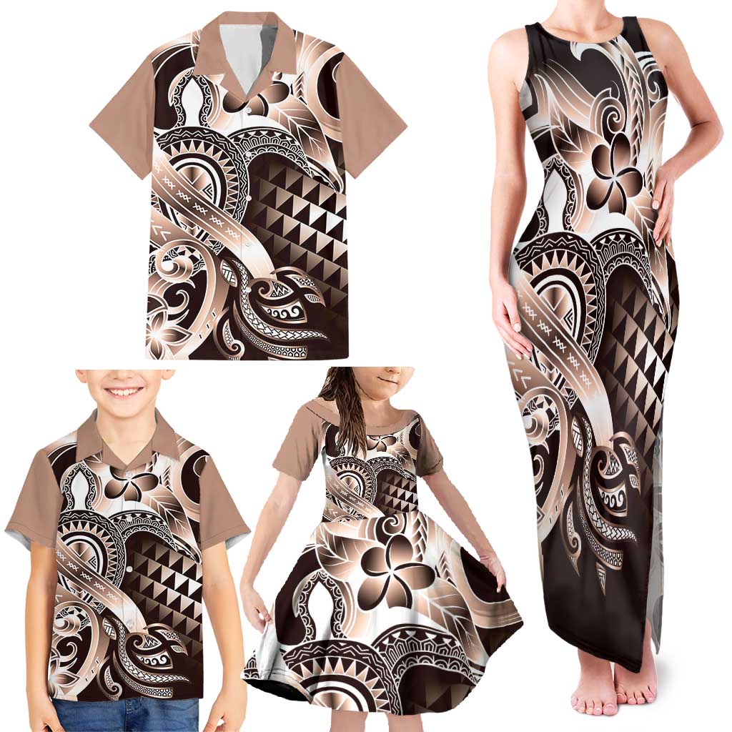 Aloha Mocha Mousse Tribal Honu Tattoo Family Matching Tank Maxi Dress and Hawaiian Shirt