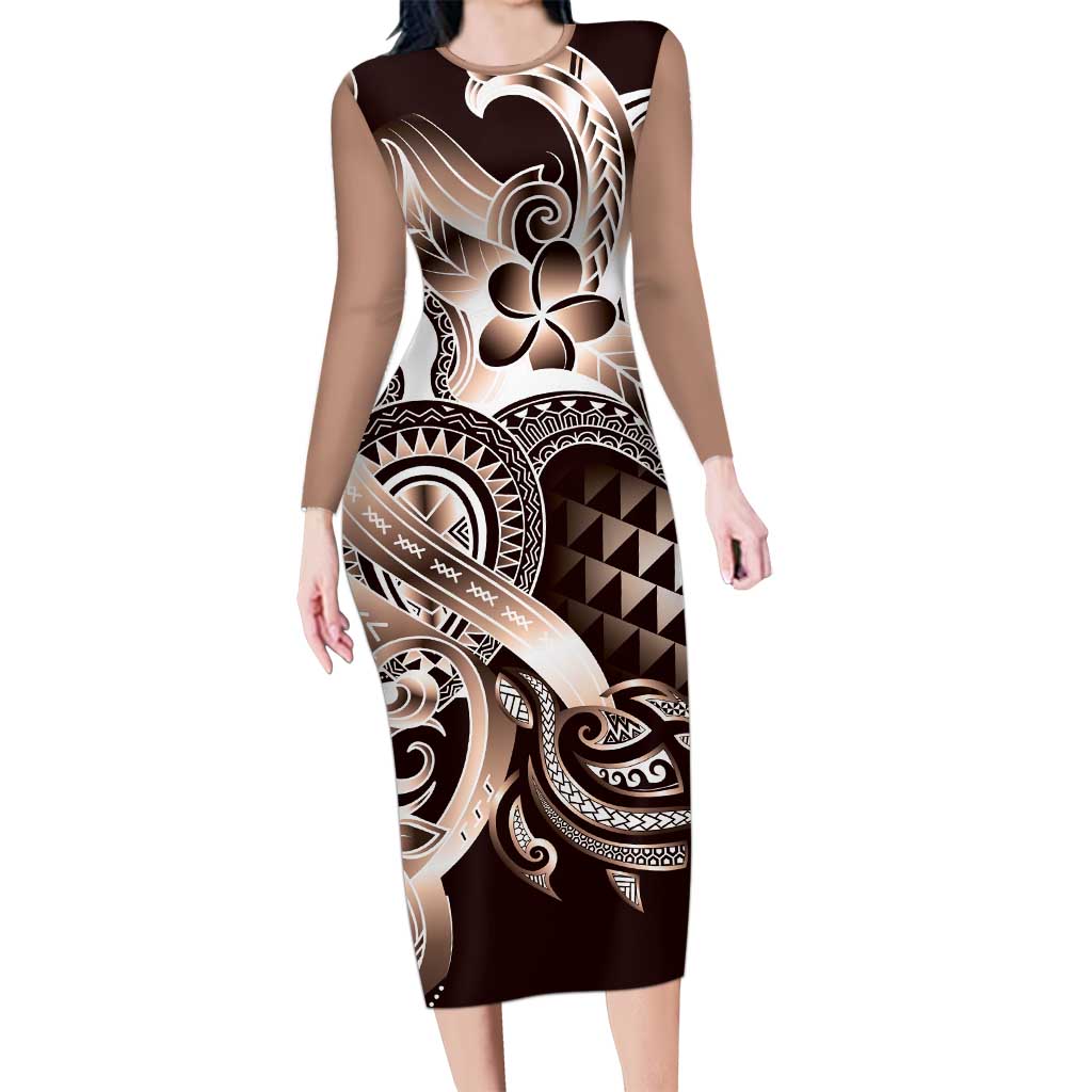 Aloha Mocha Mousse Tribal Honu Tattoo Long Sleeve Bodycon Dress LT9 Long Dress Mocha Mousse - Polynesian Pride