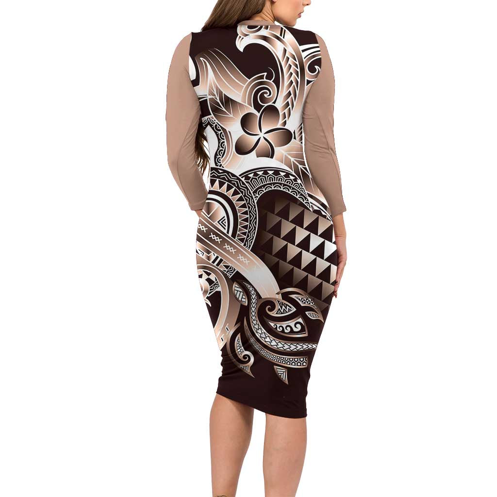 Aloha Mocha Mousse Tribal Honu Tattoo Long Sleeve Bodycon Dress LT9 - Polynesian Pride