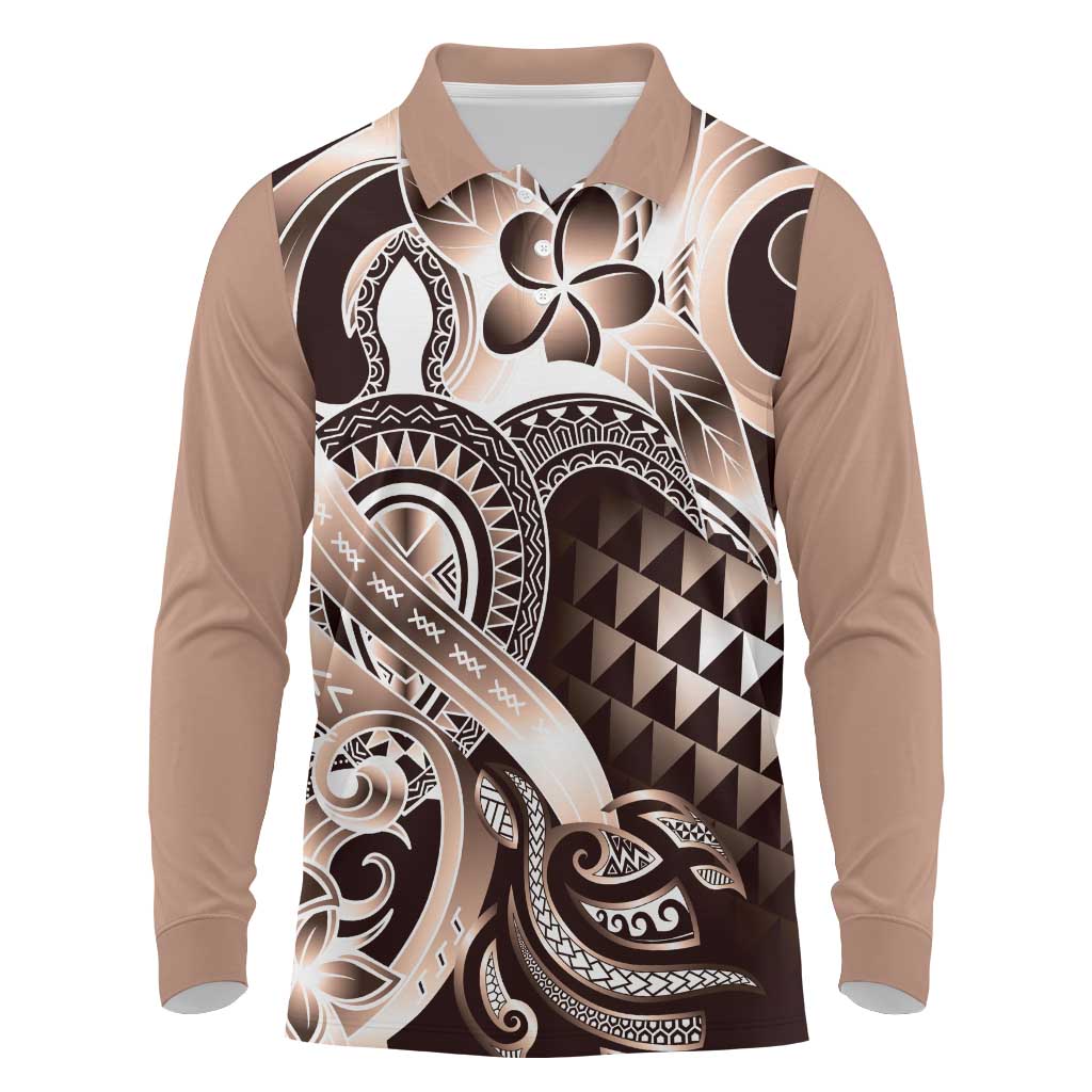 Aloha Mocha Mousse Tribal Honu Tattoo Long Sleeve Polo Shirt LT9 Mocha Mousse - Polynesian Pride