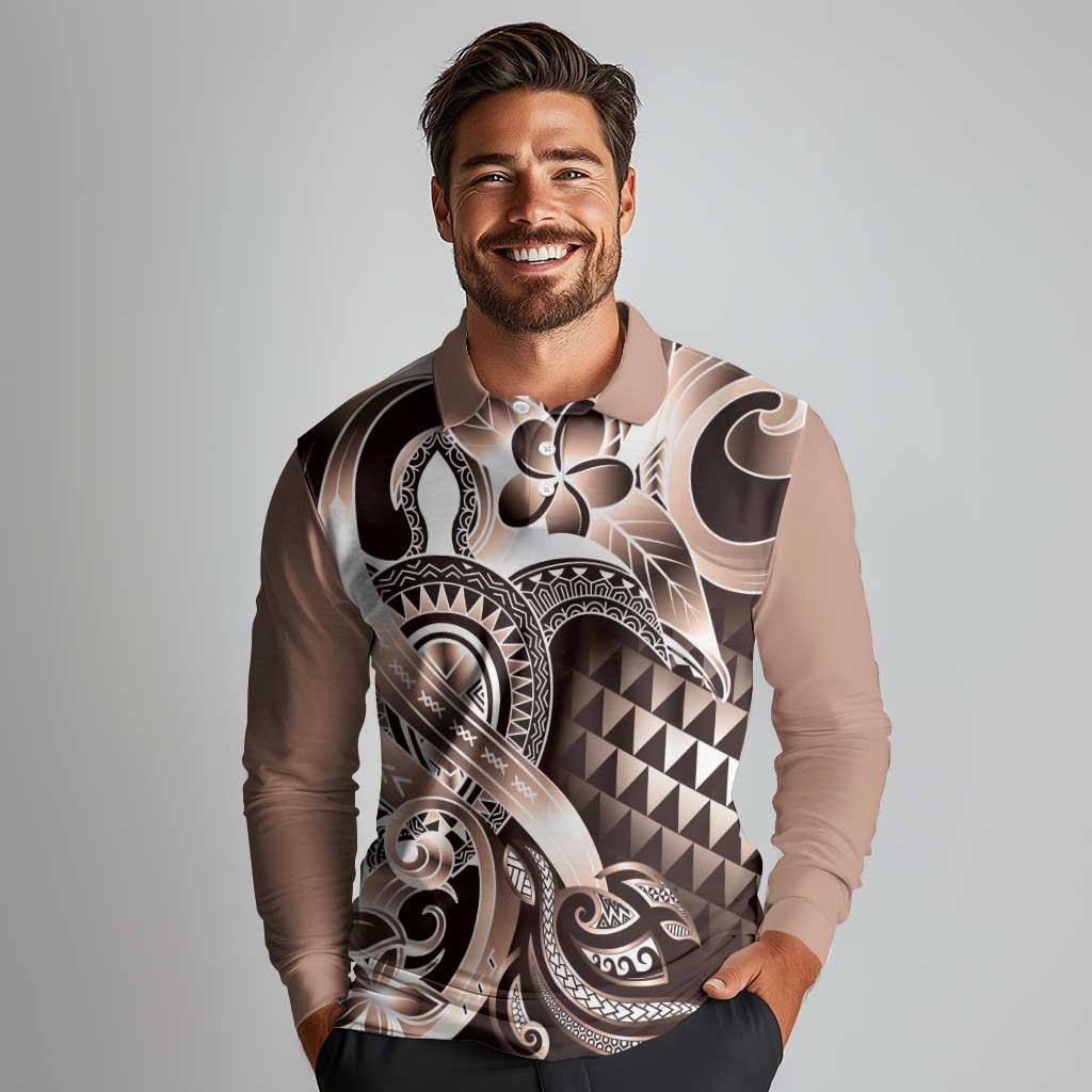 Aloha Mocha Mousse Tribal Honu Tattoo Long Sleeve Polo Shirt LT9 - Polynesian Pride