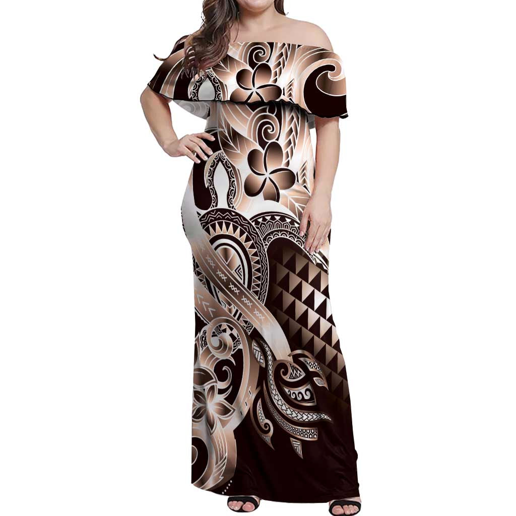 Aloha Mocha Mousse Tribal Honu Tattoo Off Shoulder Maxi Dress LT9 Women Mocha Mousse - Polynesian Pride