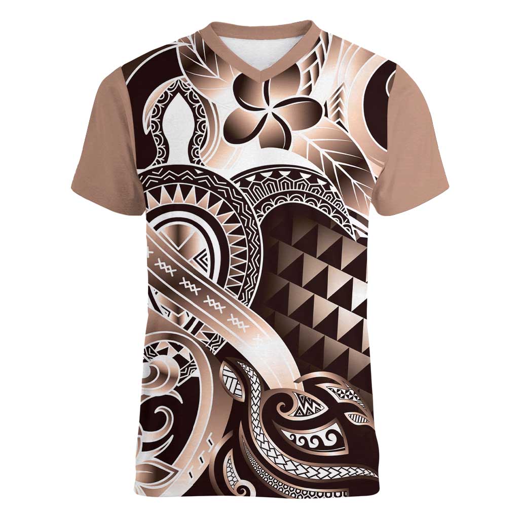 Aloha Mocha Mousse Tribal Honu Tattoo Women V-Neck T-Shirt LT9 Female Mocha Mousse - Polynesian Pride