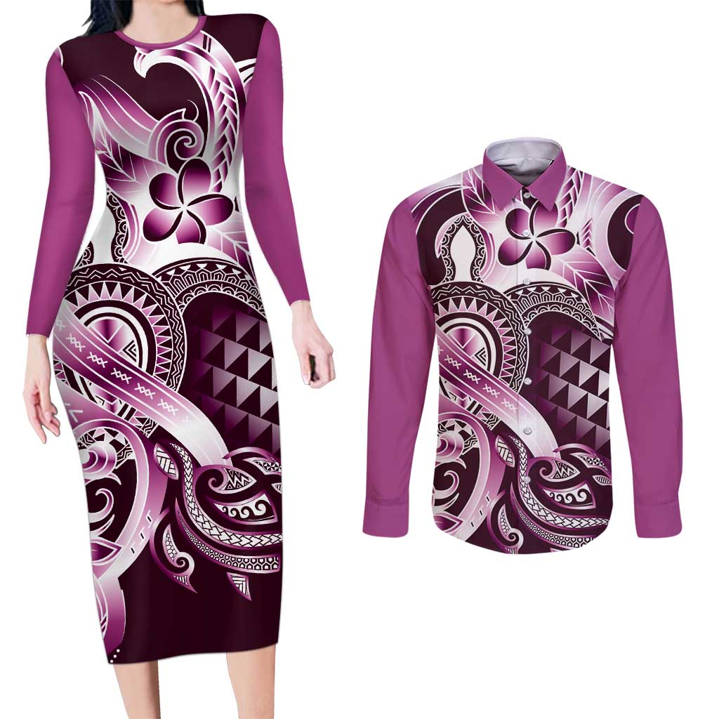 Aloha Pink Tribal Honu Tattoo Couples Matching Long Sleeve Bodycon Dress and Long Sleeve Button Shirt