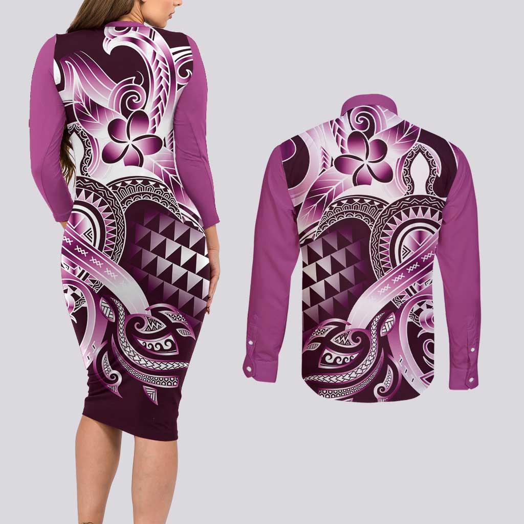 Aloha Pink Tribal Honu Tattoo Couples Matching Long Sleeve Bodycon Dress and Long Sleeve Button Shirt