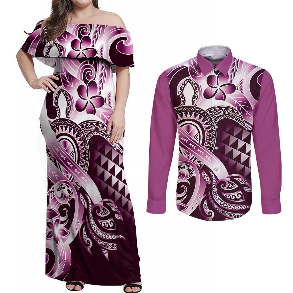 Aloha Pink Tribal Honu Tattoo Couples Matching Off Shoulder Maxi Dress and Long Sleeve Button Shirt