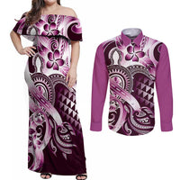 Aloha Pink Tribal Honu Tattoo Couples Matching Off Shoulder Maxi Dress and Long Sleeve Button Shirt