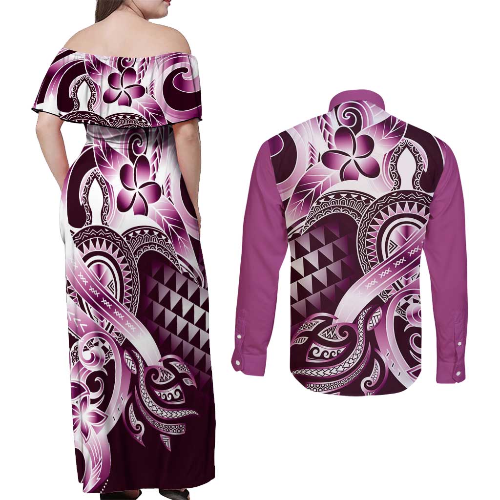 Aloha Pink Tribal Honu Tattoo Couples Matching Off Shoulder Maxi Dress and Long Sleeve Button Shirt