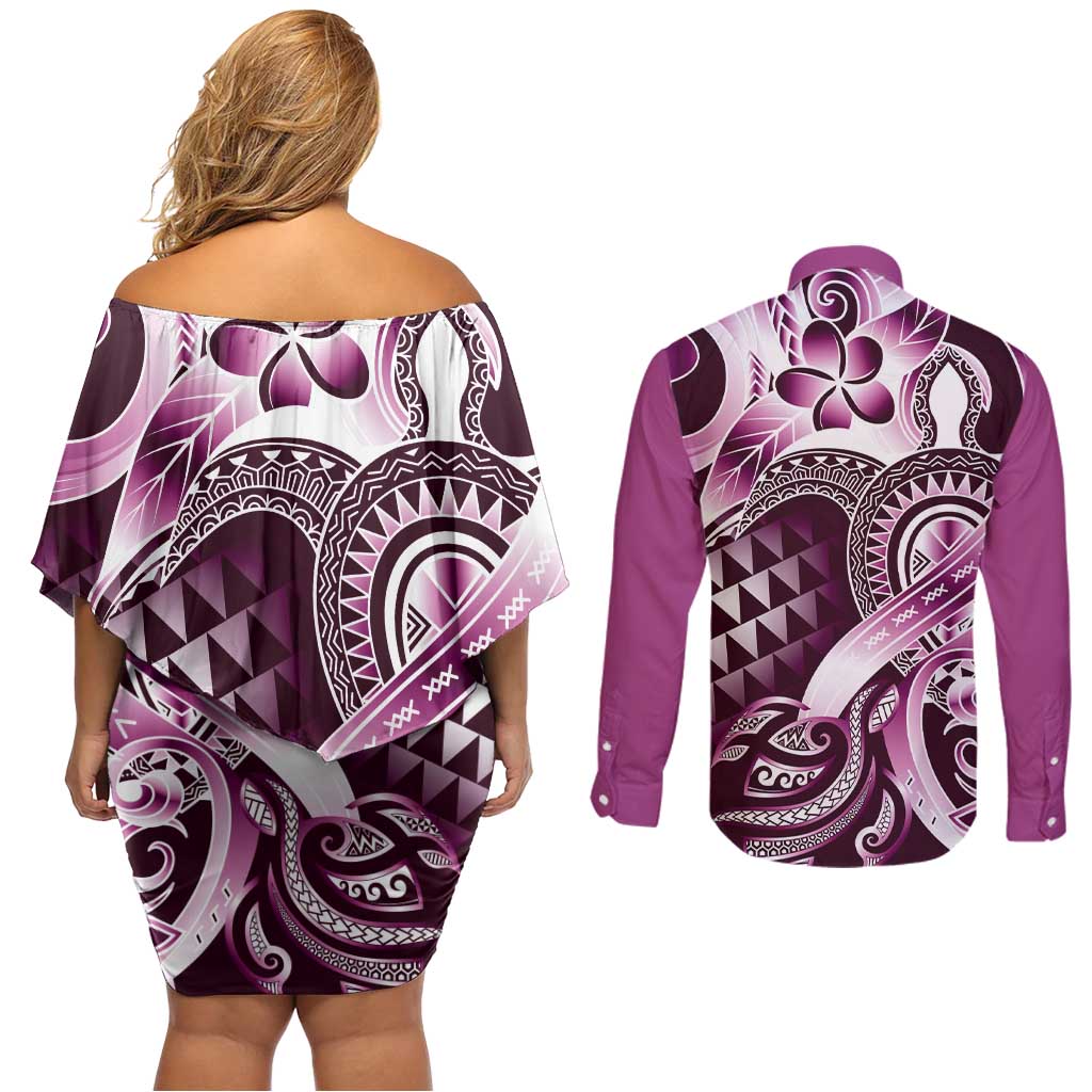Aloha Pink Tribal Honu Tattoo Couples Matching Off Shoulder Short Dress and Long Sleeve Button Shirt