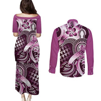 Aloha Pink Tribal Honu Tattoo Couples Matching Puletasi and Long Sleeve Button Shirt
